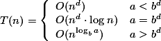 T(n)= \left\{ \begin{array}{ll} 
         O(n^d) &                \mbox{$a < b^d$}\\ 
         O(n^d \cdot \log n) &   \mbox{$a = b^d$}\\ 
         O(n^{\log_b a}) &       \mbox{$a > b^d$}\end{array} \right.